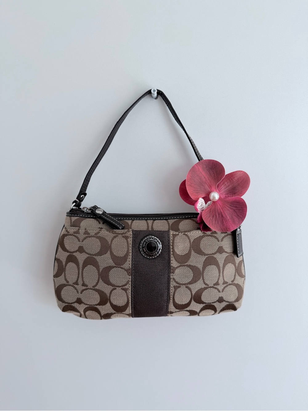 Coach Signature Canvas Mini Shoulder Bag in Brown with Dark Brown Trim